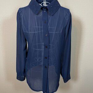 Silk Beaded Sheer Long Sleeve Blouse size L